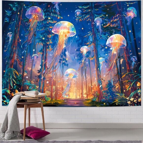 New UV Reactive Blacklight Forest Jellyfish Starry Sky Nature Tapestry, Wall Art